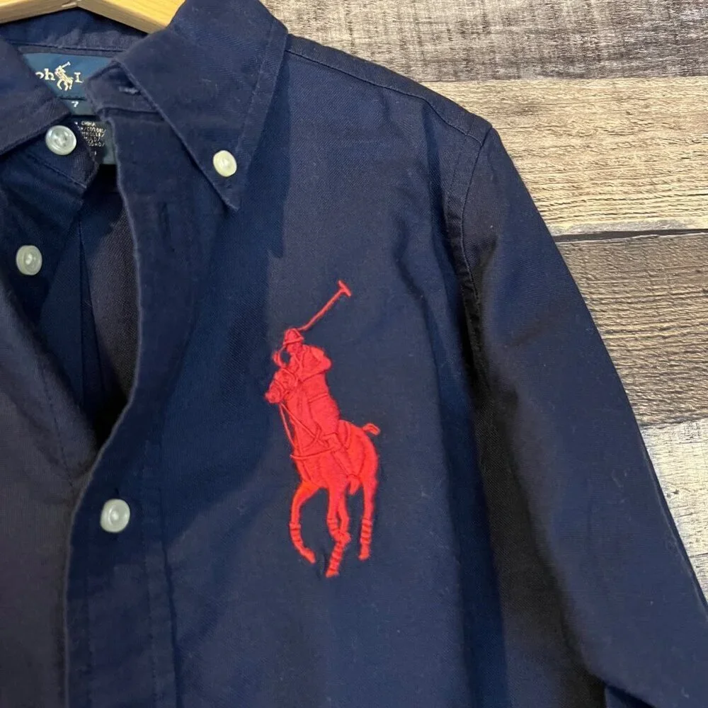Ralph Lauren Boys‎ Navy & Red Button Down Oxford Shirt 7 Big Pony Logo Preppy